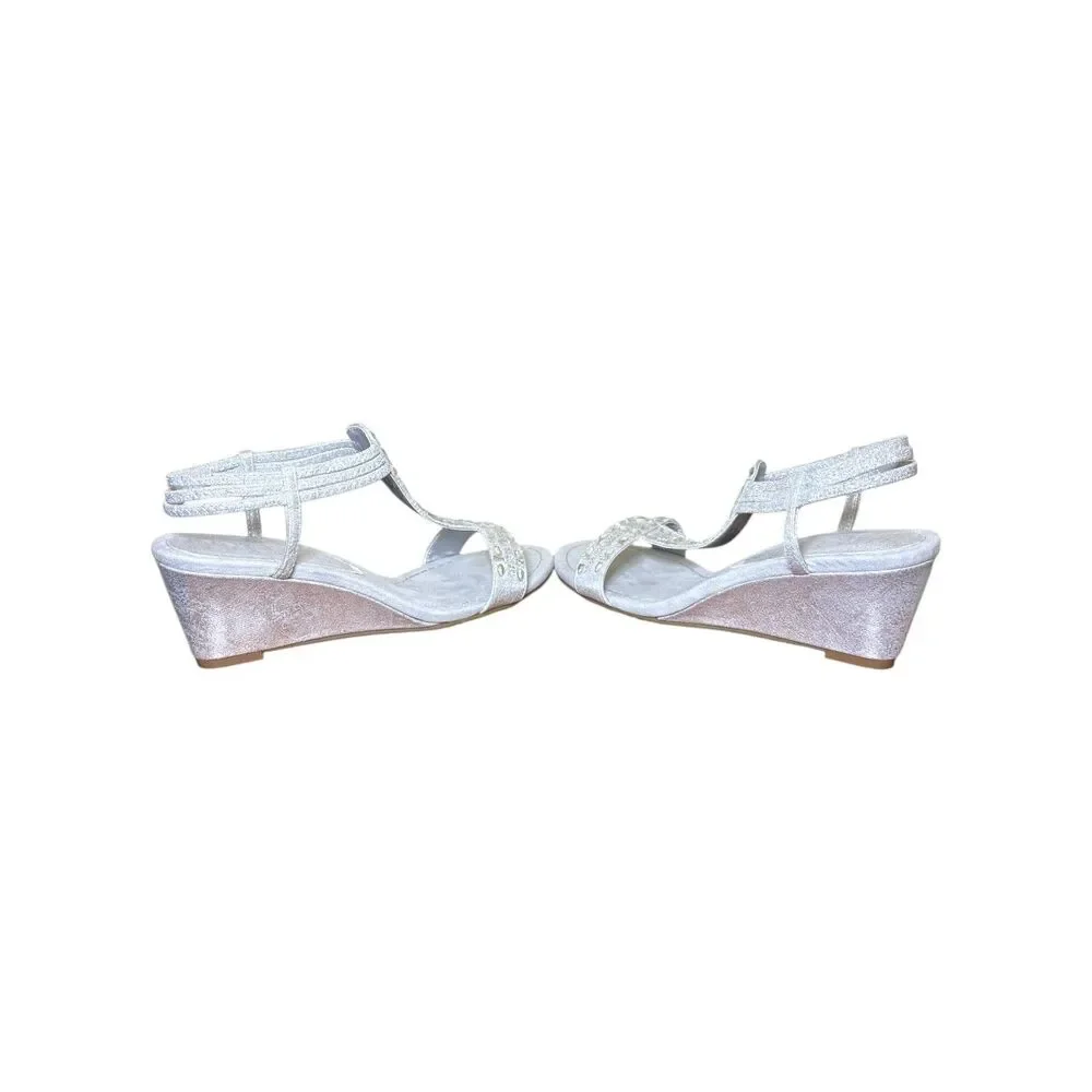 New York Transit Friend Ship Rhinestone T-Strap Wedge Sandals Silver Size 8.5